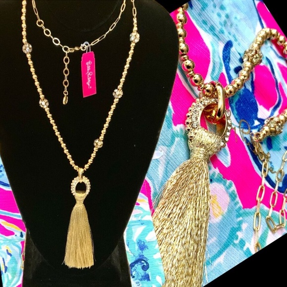 Lilly Pulitzer NWT CRYSTAL GOLD LINK TASSEL NECKLACE⭐️STUNNING NEW + Lilly POUCH - Picture 3 of 16